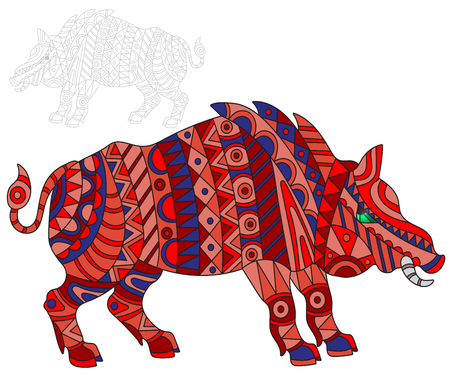 Illustration of abstract red pig, swine and painted its outline on white background , isolateのイラスト素材