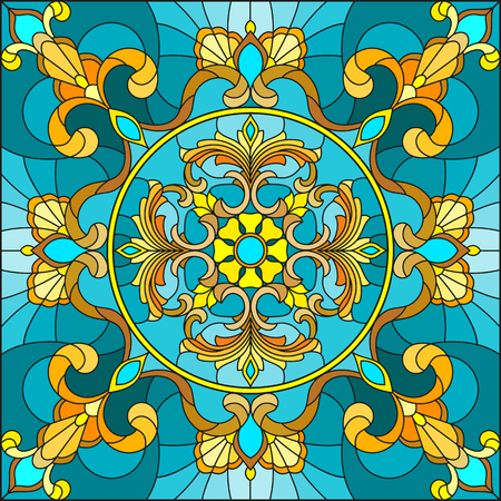 Illustration in stained glass style, square mirror image with floral ornaments and swirls n a turquoise backgroundのイラスト素材