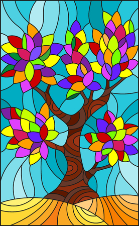 Illustration in stained glass style with with multicolored leaves on sky backgroundのイラスト素材