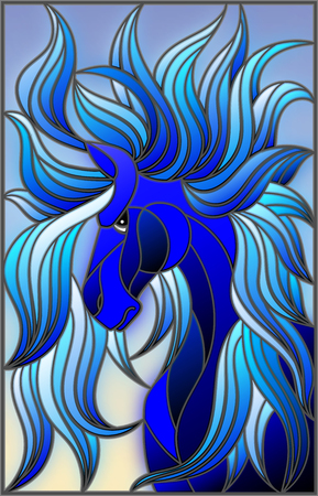 Illustration in stained glass style with abstract blue face of his horse with developing mane on sky backgroundのイラスト素材