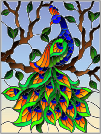 Illustration in stained glass style bird peacock and tree branches on background of blue skyのイラスト素材