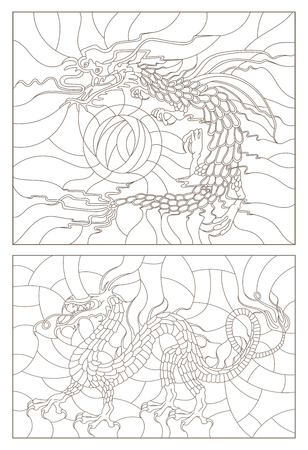 Set contour illustrations of stained glass in an abstract, dragons, dark outlines on a light backgroundのイラスト素材
