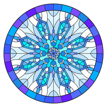 Illustration in stained glass style with snowflake in blue colors in a frame ,round imageのイラスト素材