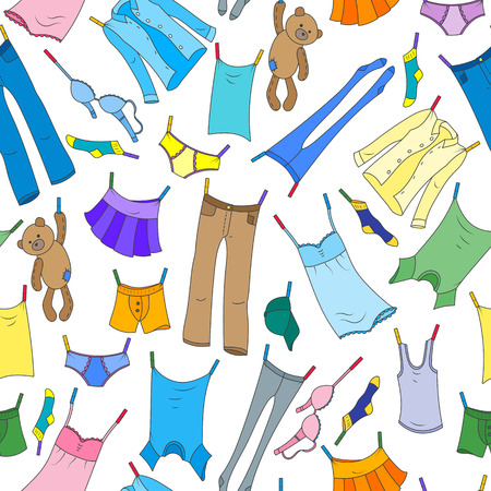 Seamless pattern on the theme of washing and cleanliness, various clothes , a color icons on light backgroundのイラスト素材