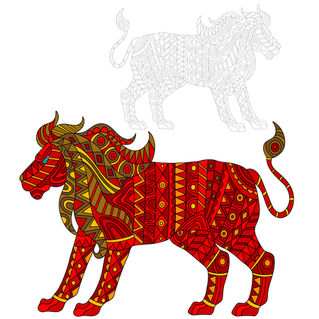 Illustration of abstract red lion, animal and painted its outline on white background , isolateのイラスト素材