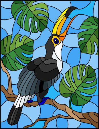 Illustration in stained glass style bird Toucan on branch tropical tree against the skyのイラスト素材