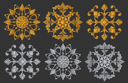 Set of decorative round floral symmetric composition in gold and silver options.のイラスト素材