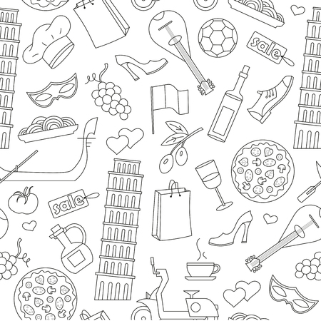 Seamless pattern on the theme of journey in the country of Italy, simple contour icons on white background.のイラスト素材
