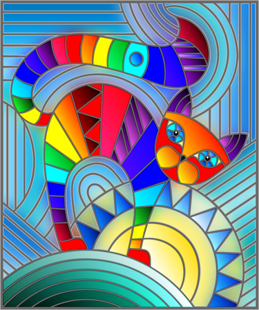 Illustration in stained glass style with abstract geometric rainbow cat