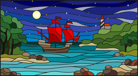 Stained glass illustration with sea views, sailing with red sails in rocky Bay on the background of sea , moon and starry skyのイラスト素材