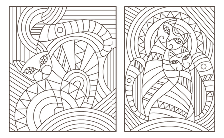 Set of outline illustrations in the style of stained glass with abstract cats.のイラスト素材