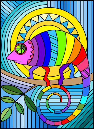 Illustration in stained glass style with abstract geometric rainbow chameleonのイラスト素材