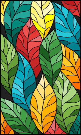 Illustration in stained glass style with colorful leaves trees on a dark backgroundのイラスト素材