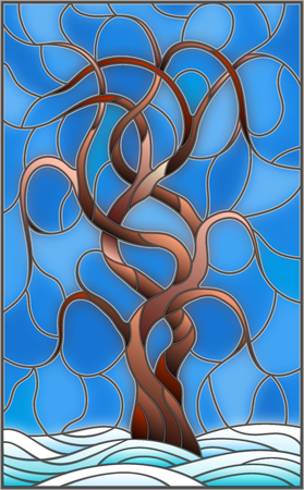 Illustration in stained glass style with winter tree on sky background with  snowのイラスト素材