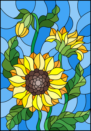 Illustration in stained glass style with a bouquet of sunflowers, flowers,buds and leaves of the flower on blue backgroundのイラスト素材