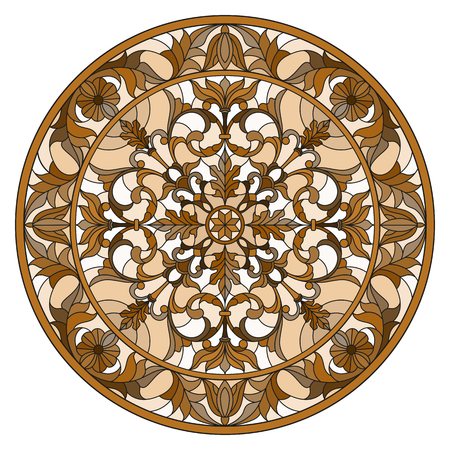 Illustration in stained glass style, round mirror image with floral ornaments and swirlsのイラスト素材