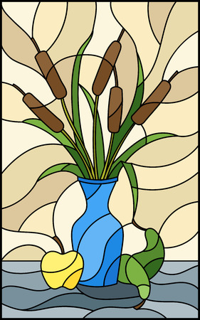 Illustration in stained glass style with bouquets of bulrush  in a blue vase , pears and apples on table on beige backgroundのイラスト素材