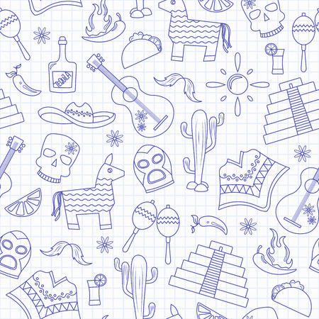 Seamless pattern on the theme of recreation in the country of Mexico, contour icons, blue contour icons on the clean writing-book sheet in a cageのイラスト素材