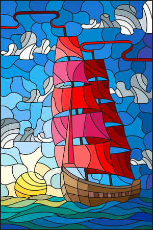 Illustration in stained glass style with an old ship sailing with red sails against the sea, sun and sky, seascape Vector illustration.のイラスト素材