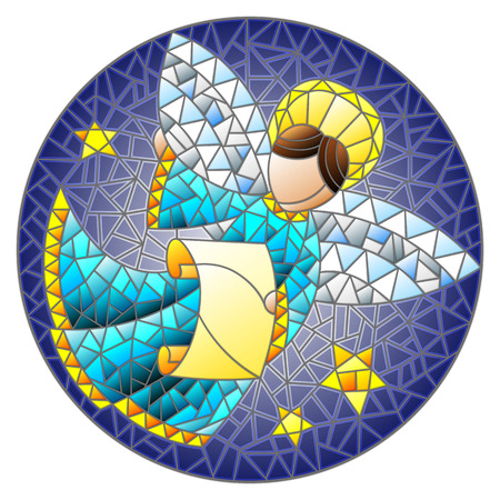 Illustration in stained glass style with an abstract angel in blue robe  round pictureのイラスト素材