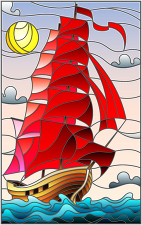 Illustration in stained glass style with an old ship sailing with red sails against the sea, sun and sky, seascape のイラスト素材
