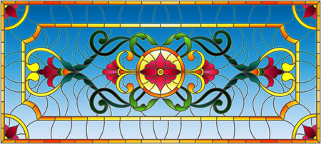 llustration in stained glass style with abstract  swirls,flowers and leaves  on a light background,horizontal orientationのイラスト素材