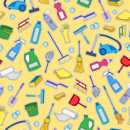 Seamless pattern on the theme of cleaning and household equipment and cleaning products,color patch icons on  yellow backgroundのイラスト素材
