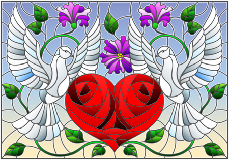 Illustration in stained glass style with a pair of pigeons and a heart against the sky and flowersのイラスト素材