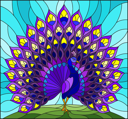 Illustration in stained glass style with colourful peacock on blue sky , background.のイラスト素材