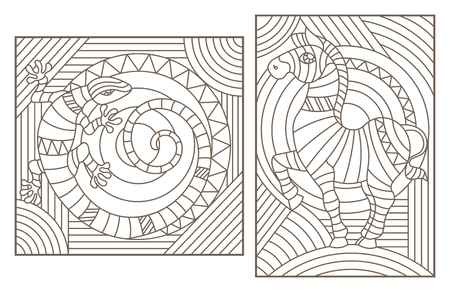 Set of outline illustrations with abstract animals, Zebra and lizard, dark outlines on light backgroundのイラスト素材