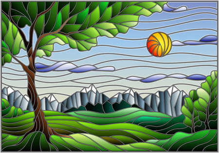 Illustration in stained glass style with landscape, green tree on mountain landscape and Sunny sky backgroundのイラスト素材