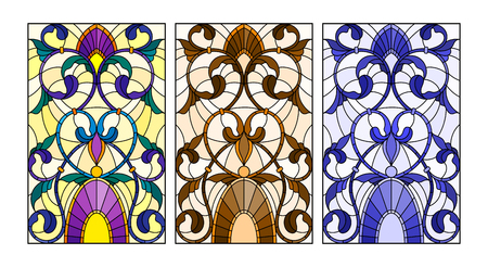Set of illustrations of stained glass with abstract swirls and flowersのイラスト素材