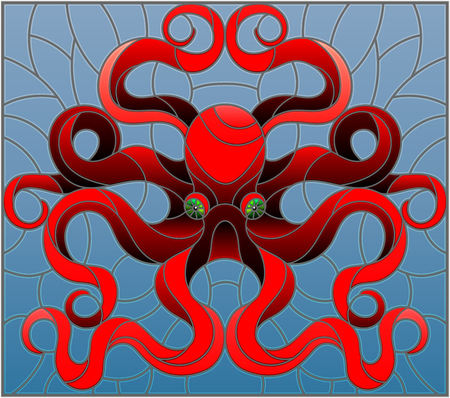 Illustration in stained glass style with abstract red octopus against a blue seaのイラスト素材