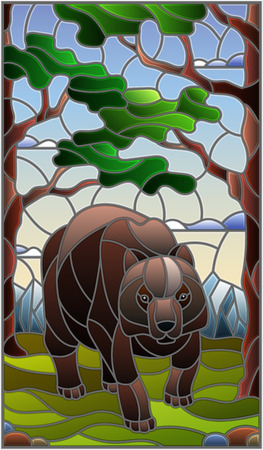 Illustration in stained glass style with wild bear on the background of trees, mountains and skyのイラスト素材