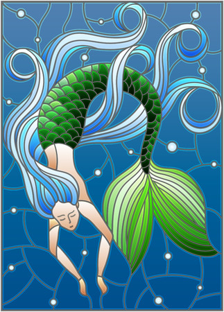 Illustration in stained glass style with mermaid with long hair on water and air bubbles backgroundのイラスト素材