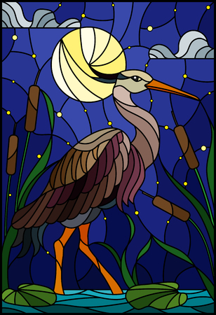 Illustration in stained glass style with brown  heron ,  reeds on a pond in the moon, starry sky and clouds