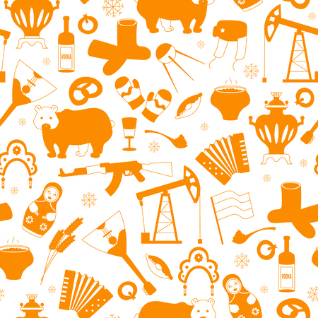 Seamless pattern on the theme of travel in the country of Russia, a simple outline of cartoon icons with a typical country characters, a orange silhouettes of icons on the white backgroundのイラスト素材