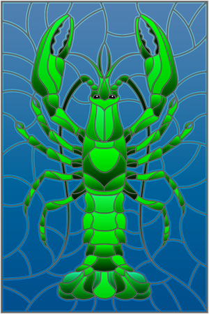 Illustration in stained glass stile with abstract green crayfish on a blue backgroundのイラスト素材