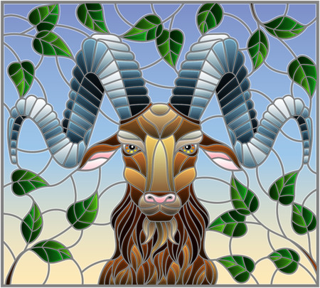 Illustration in stained glass style with ram head,on the background of tree branches and the sky, a rectangular imageのイラスト素材