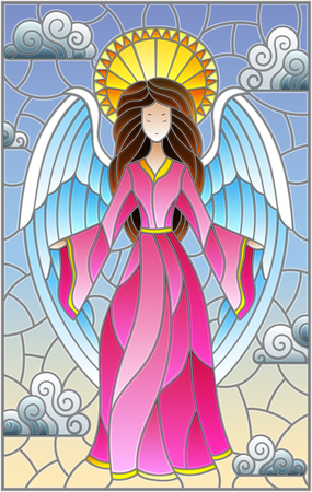 Illustration in stained glass style with girl angel in pink dress NP background of sky and cloudsのイラスト素材