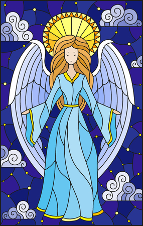 Illustration in stained glass style with girl angel in blue dress on  background of starry sky and cloudsのイラスト素材
