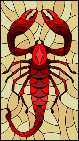 Illustration in stained glass style with abstract red Scorpion on brown backgroundのイラスト素材