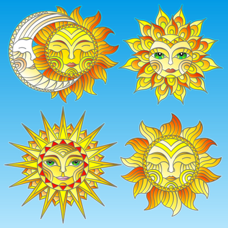 A set of stained-glass suns with faces on a sky background isolatesのイラスト素材