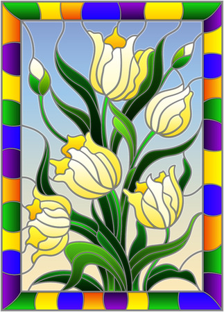 Illustration in stained glass style with a bouquet of yellow tulips on a blue background in a bright frame, rectangle imageのイラスト素材