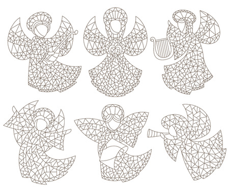 A set of stained glass angels and stars, contour figures on a white backgroundのイラスト素材