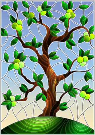 Illustration in stained glass style with an  apple tree standing alone on a hill against the skyのイラスト素材