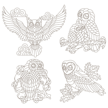 Set of contour illustrations of stained glass elements with owls sitting on tree branches, dark contours on a white backgroundのイラスト素材