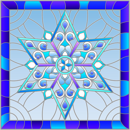 Illustration in stained glass style with snowflake in blue colors in a frameのイラスト素材