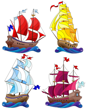 Set of ships in stained glass style, sailboats on waves isolated on white backgroundのイラスト素材
