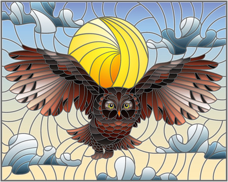 Illustration in stained glass style with wild owl flying against the sky and sunのイラスト素材